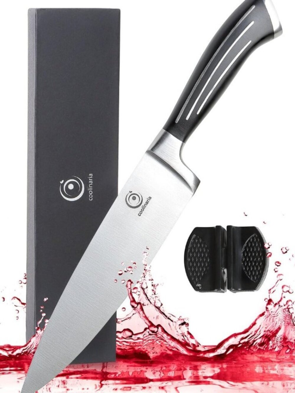 Coolinaria 8-Inch Stainless Steel Kitchen Knife +  Free Sharpener & Storage Case